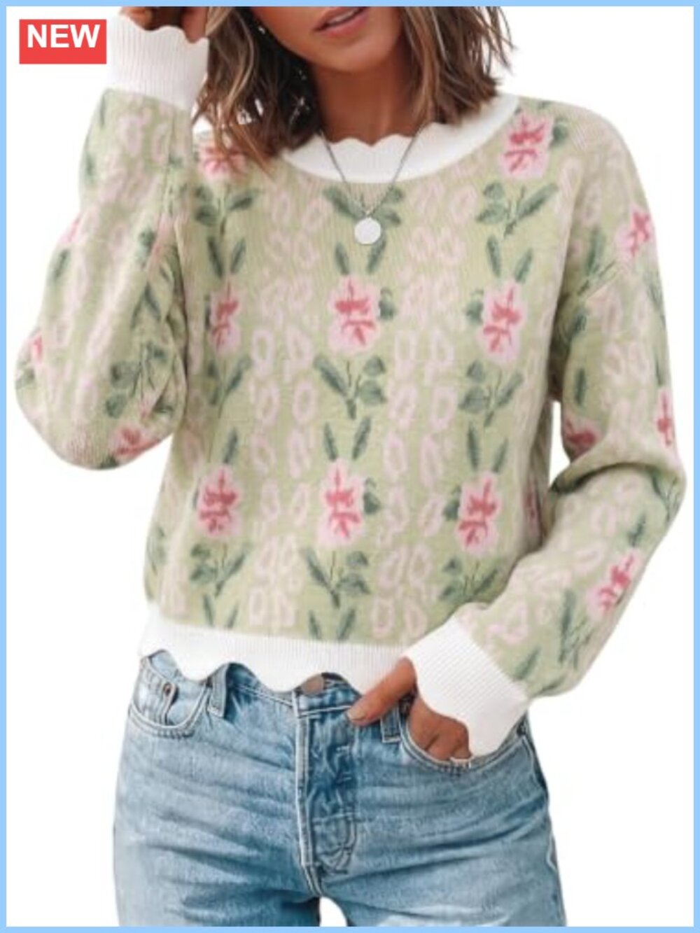 Scalloped Trim Floral Pullover Sweater Long Sleeve Loose Knit